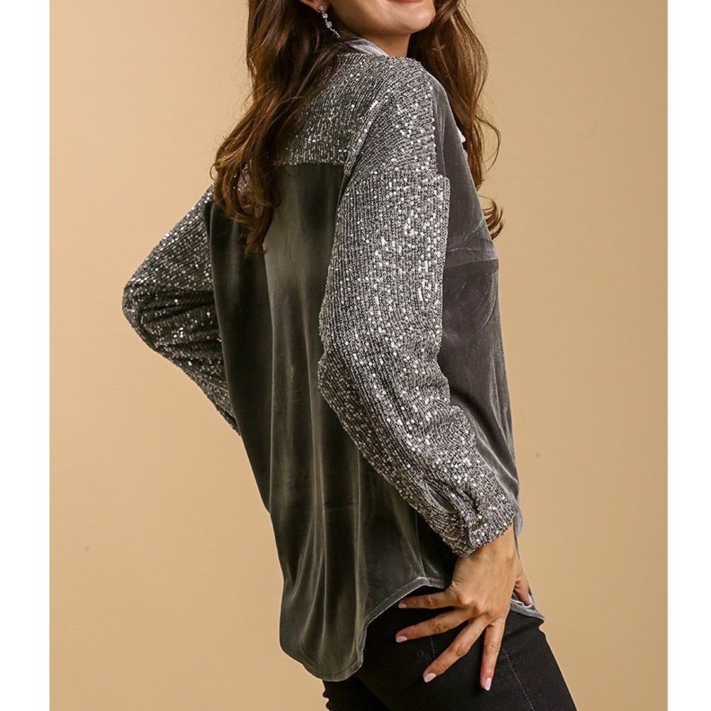 Umgee 2XL Gunmetal Grey Velvet Sequin Sleeve Button Down Shirt Shacket WA0333 zz
